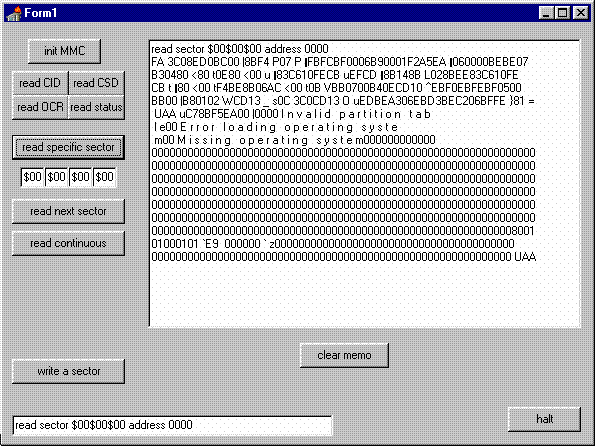 screen shot "mmcscrnshot.rtf" of the Delphi program displaying the contents of MMC block zero, showing the DOS FAT header, with the legacy DOS error messages displayed.